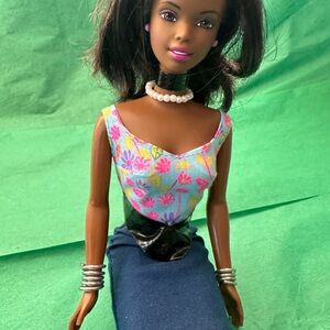 Barbie Doll with Floral Dress and Blue Skirt